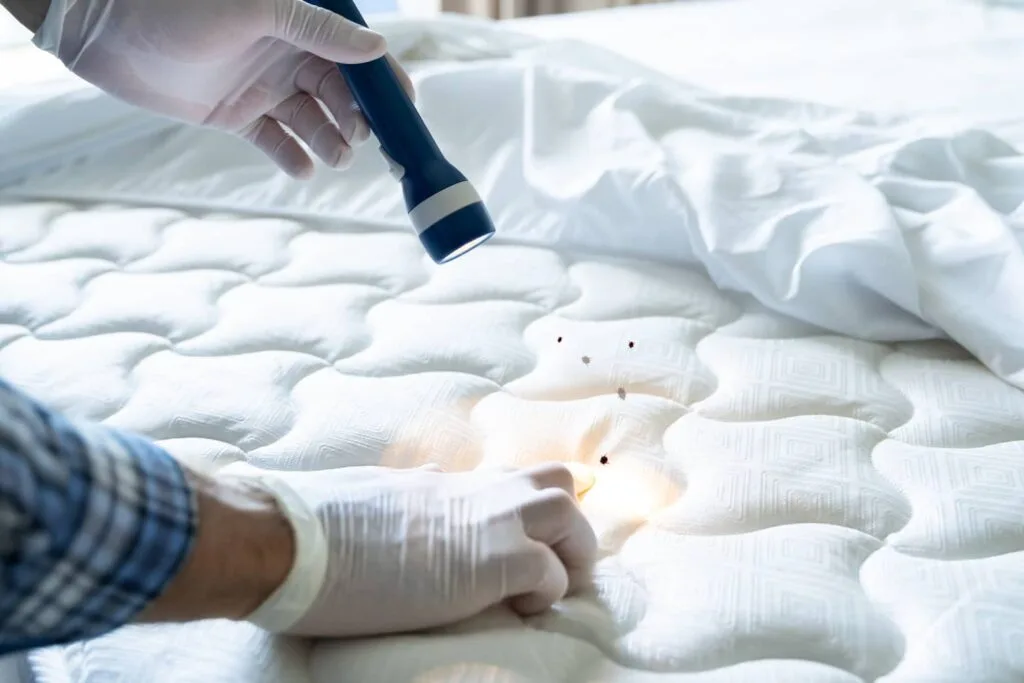 A person wearing gloves is using a flashlight to inspect bed bugs on a mattress.