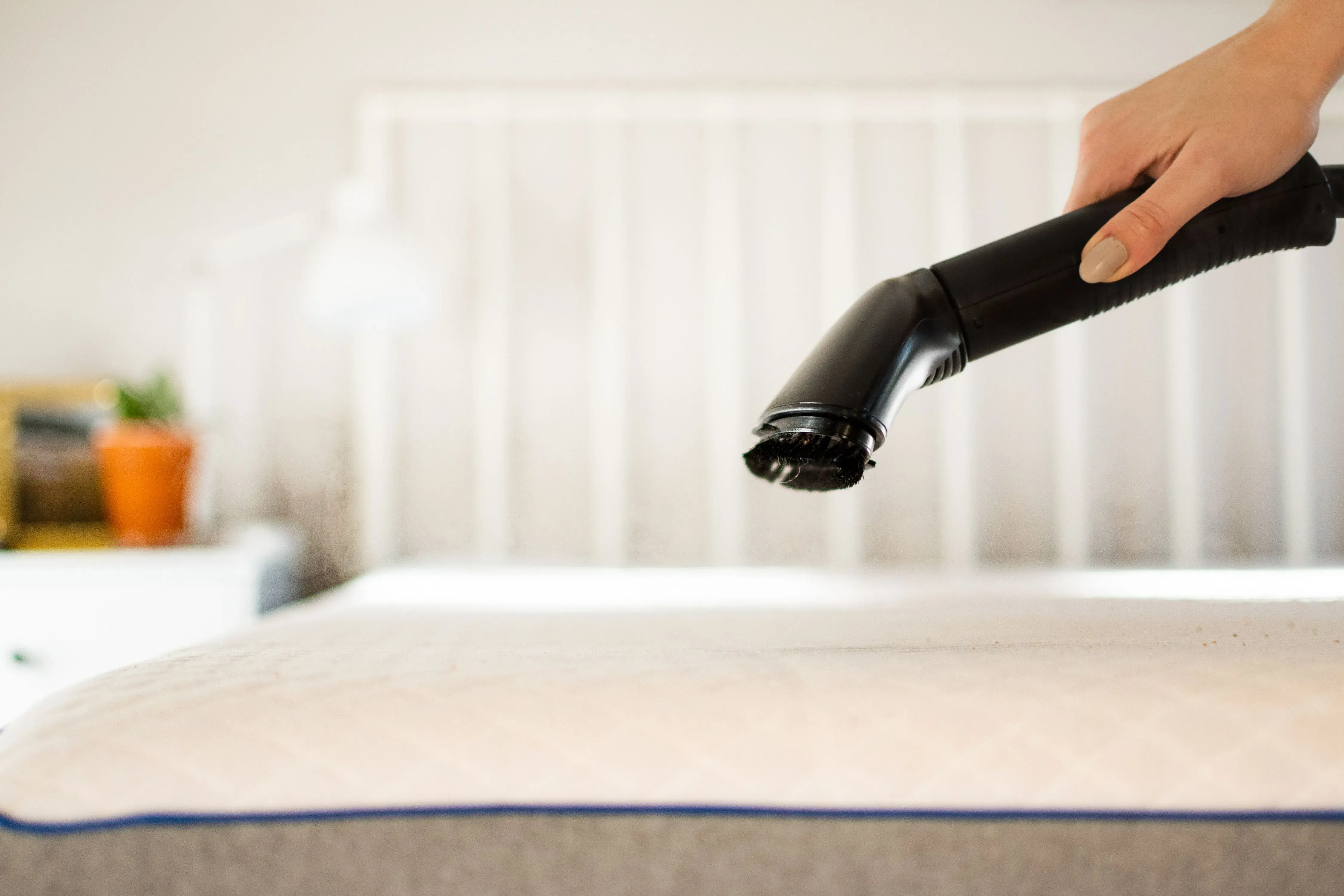 A person's hand is using a vacuum cleaner nozzle on a mattress to remove bed bugs