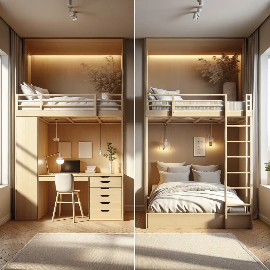 The image displays a room with a loft bed and desk on the left, and a bunk bed with a lower double bed on the right.