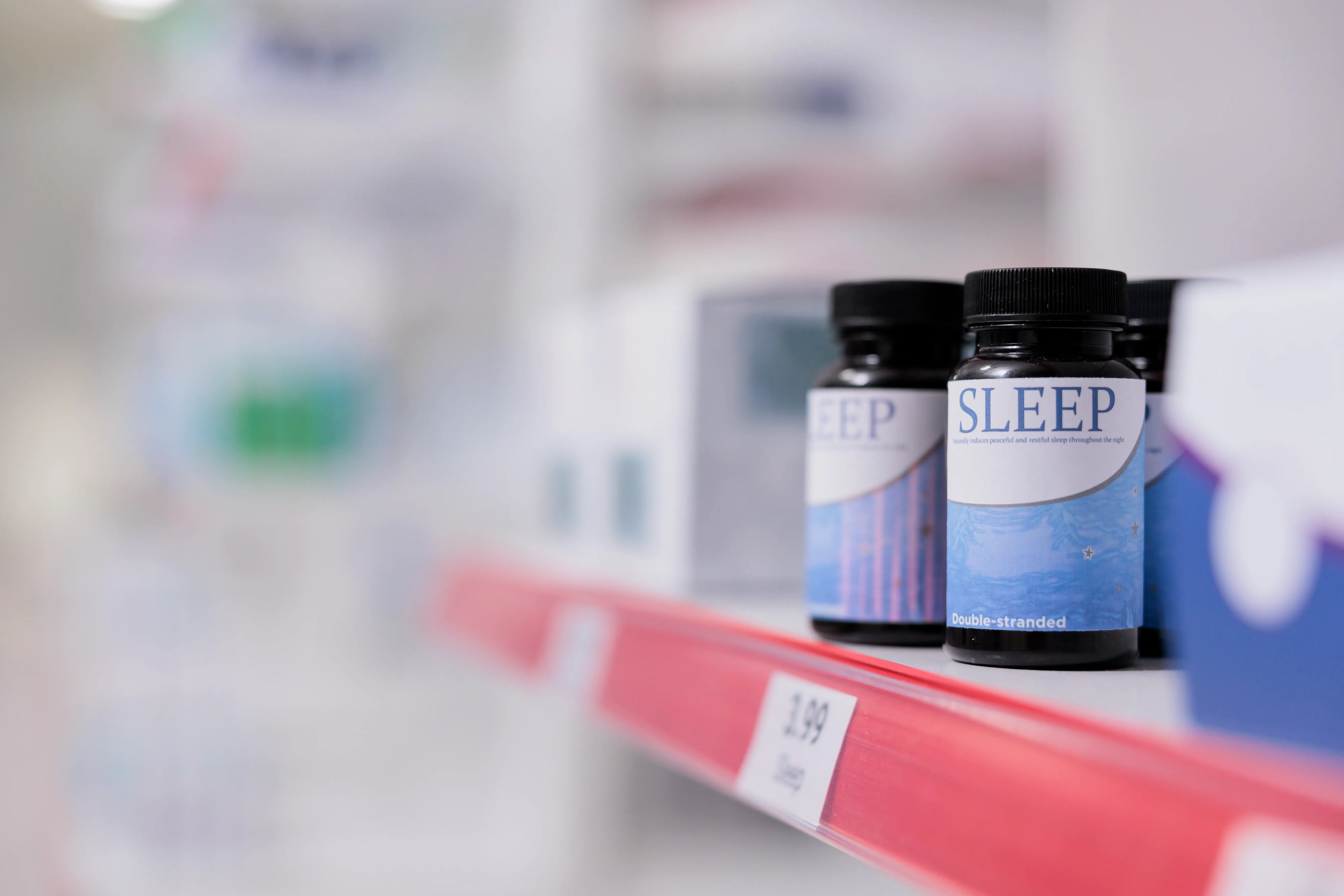 Empty drugstore with nobody in it with bottles and packages on medicaments