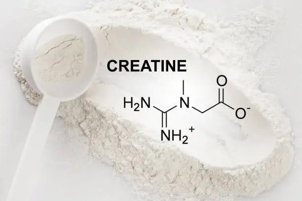 Closeup of scoop with creatine supplement and chemical formula