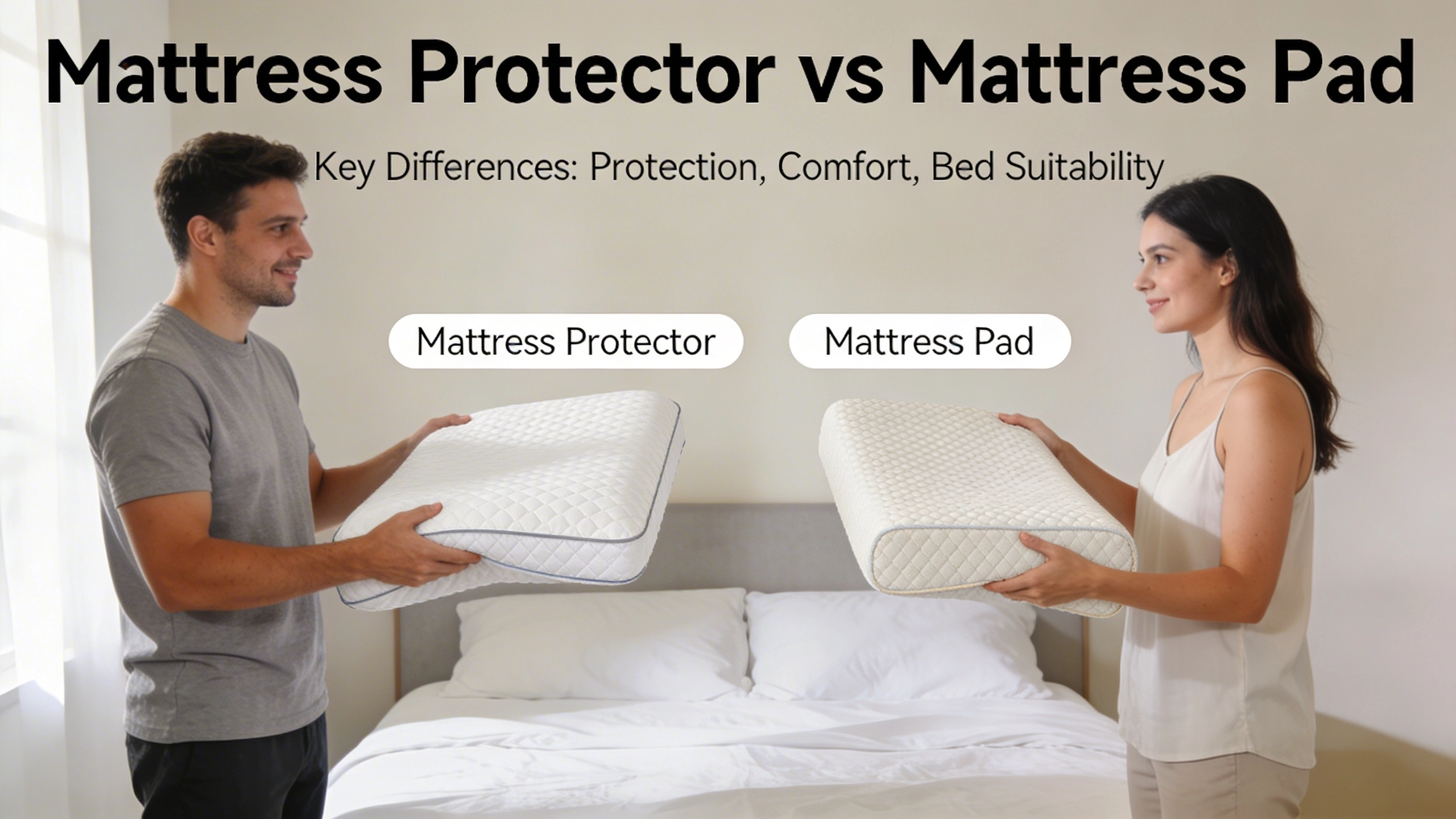 Couple comparing a mattress protector and mattress pad in a bedroom