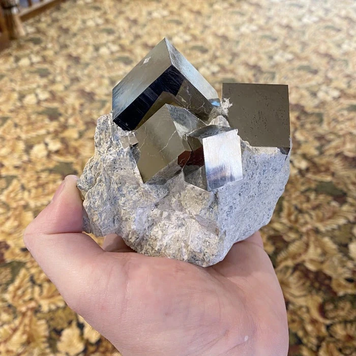 person holding Pyrite with black crystal formation