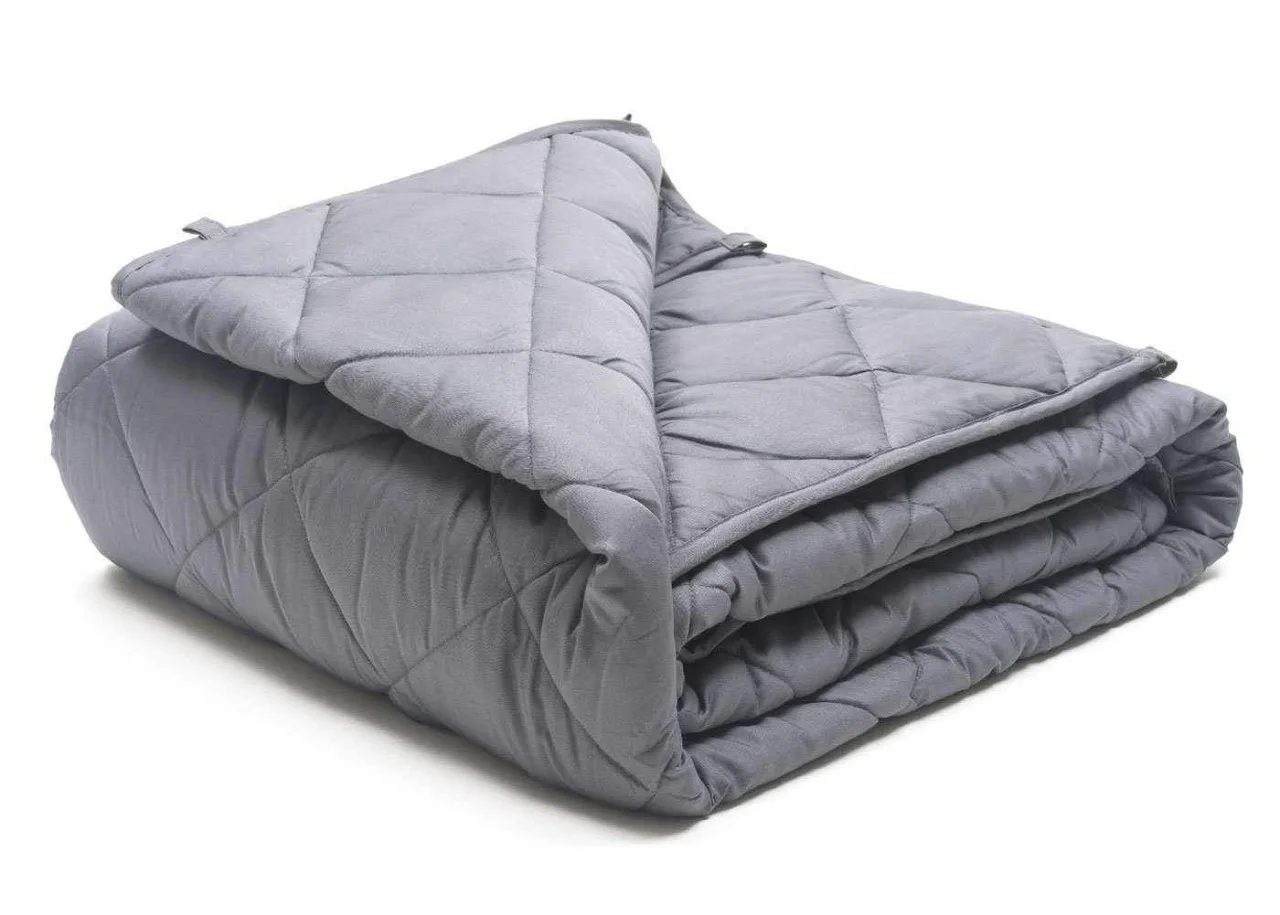 A gray weighted blanket on a white background.