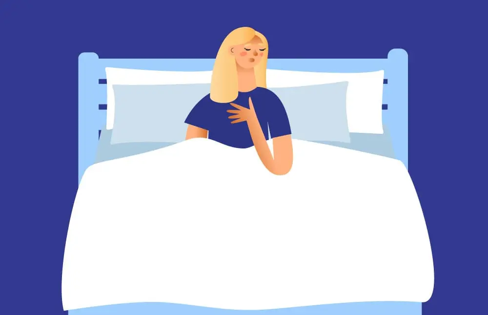 An illustration of a blonde woman sleeping peacefully in a bed with blue sheets and a white comforter.