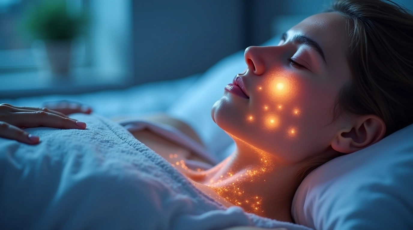 Conceptual illustration of a sleeping woman with glowing points along her jaw and neck, symbolizing hypoglossal nerve stimulation therapy for sleep apnea