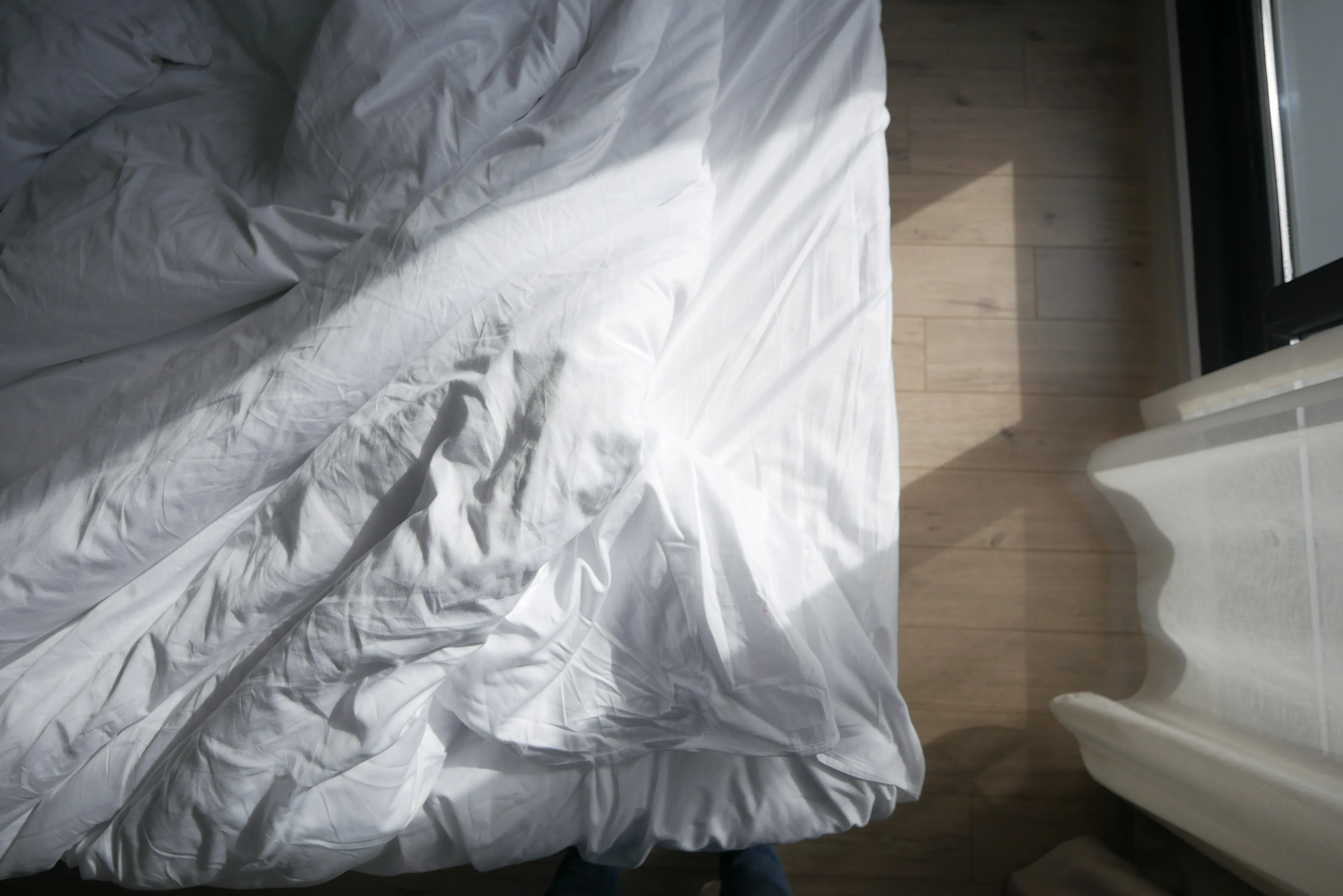 top view of messy bed in early morning , messy bed after waking up
